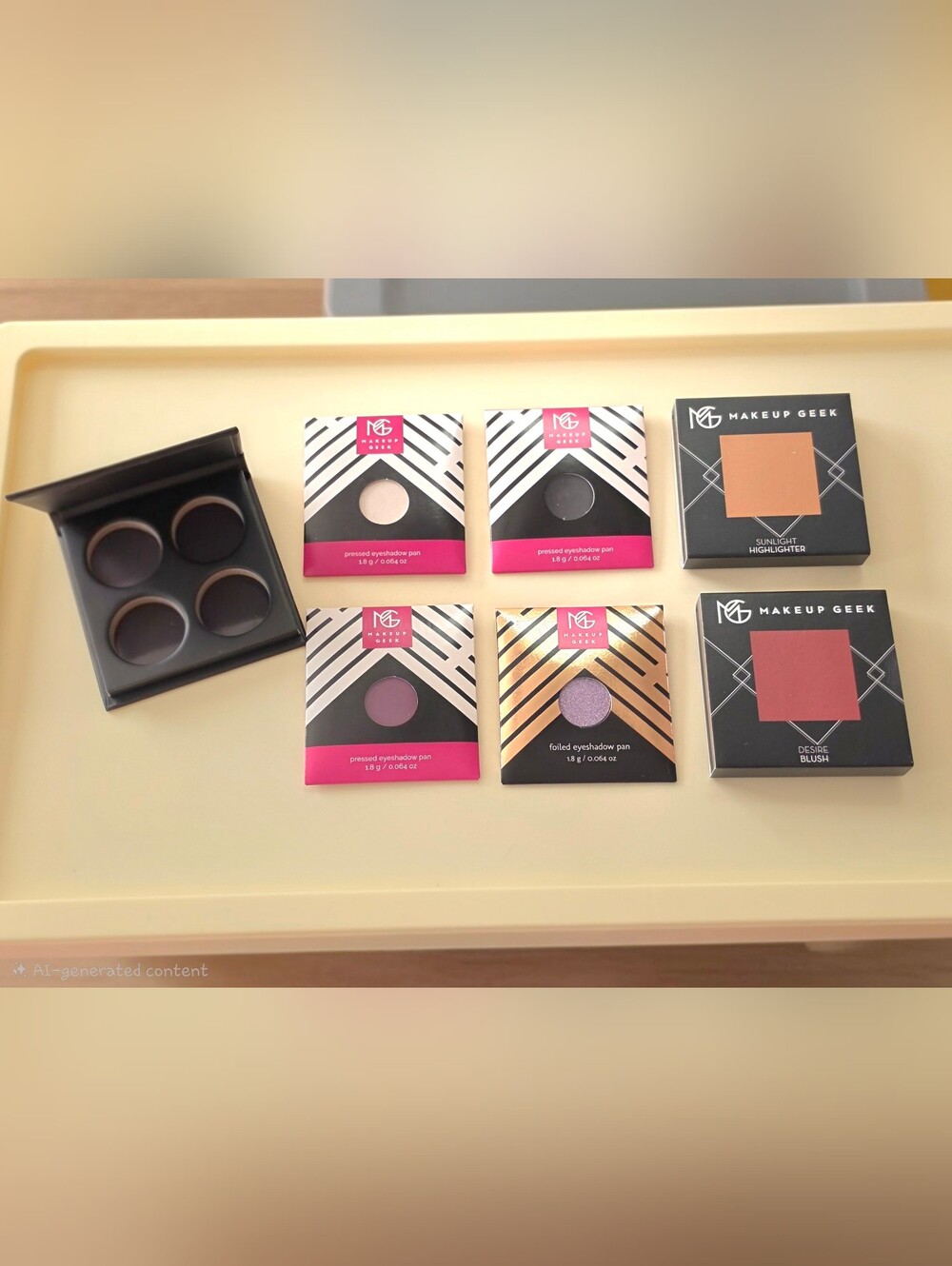 Discontinued Makeup Geek Bundle NIB Desire Blush Sunlight Highlight 4 Eyeshadows